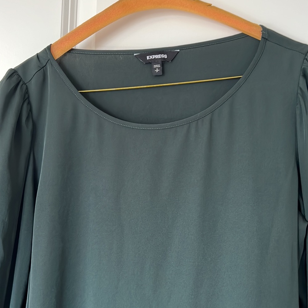 Express Emerald Green Silky Blouse with Button Sleeves S